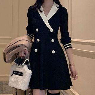 Long-sleeve Double-breasted Mini A-line Knit Dress Black & White - One Size