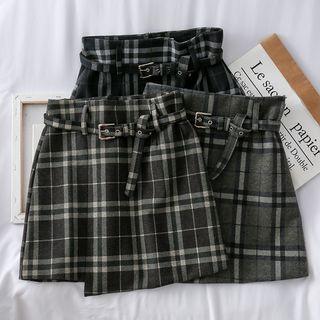 Paperbag-waist Asymmetric Plaid Mini Skirt With Belt