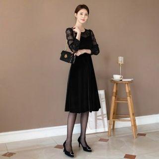 Checked Lace-yoke Velvet Midi Dress