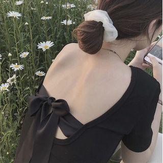 Open-back Short-sleeve Top Black - One Size