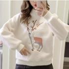 Mock Neck Deer Embroidered Furry Sweatshirt
