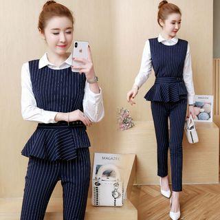 Set: Pinstriped Mock Two-piece Shirt + Pinstriped Cropped Pants