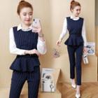 Set: Pinstriped Mock Two-piece Shirt + Pinstriped Cropped Pants