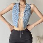 Sleeveless Check Tie-front Crop Top