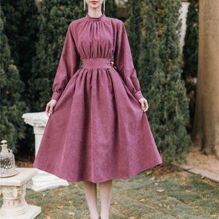 Long-sleeve Lace-up Mock-neck Midi A-line Corduroy Dress