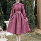 Long-sleeve Lace-up Mock-neck Midi A-line Corduroy Dress
