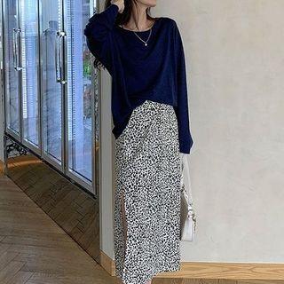Plain Long-sleeve T-shirt / Leopard Print Midi Straight-fit Skirt / Wide-leg Pants