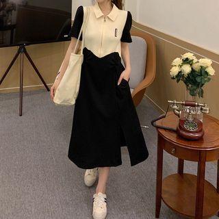 Short-sleeve Color Block Panel Midi Dress