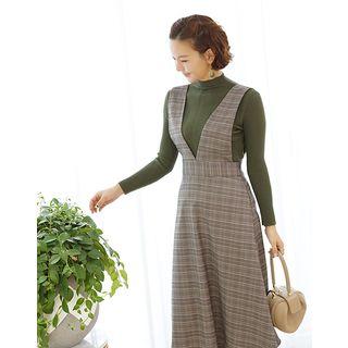 Glen-plaid Long Pinafore Dress