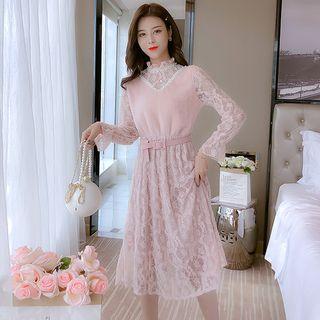 Flower Trim Stand-collar Lace Long-sleeve Dress