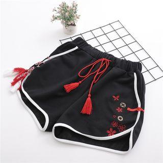 Drawstring Waist Tasseled Shorts Black - One Size