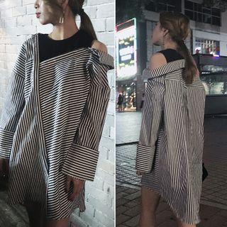 Mock Two-piece Asymmetric Striped Shirt As Shown In Figure - One Size