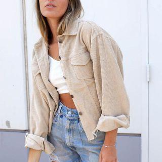 Corduroy Frayed Hem Buttoned Jacket