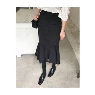 Ruffle-hem Corduroy Midi Skirt