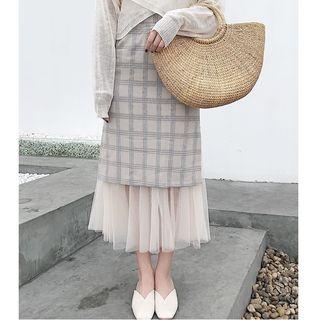 Mesh Panel Plaid Midi Skirt