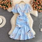 Short Sleeve V-neck Print Ruched Dress