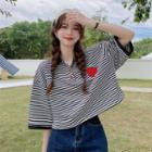 Short-sleeve Collar Striped Strawberry Embroidered Cropped T-shirt Stripe - Black & White - One Size