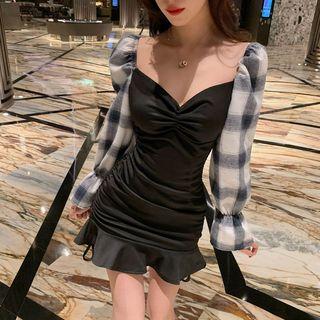 Bell-sleeve Plaid Panel Mini Sheath Dress