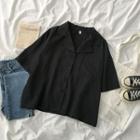 Elbow-sleeve Plain Shirt Black - One Size