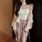 Ruffle Trim Ruched Camisole / High Waist Silky Straight Leg Pants / Ruffle Trim Bell Sleeve Mesh Cape Top