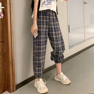 Printed Short-sleeve T-shirt / Plaid Harem Pants