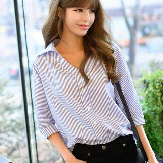 3/4 Sleeve V-neck Striped Shirt