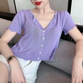 Lettuce Edge Short-sleeve Pointelle Knit Cropped Cardigan