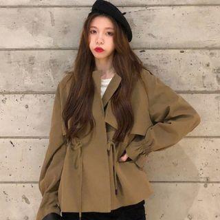 Plain Drawstring-waist Trench Jacket