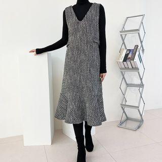 Ruffled Tweed Long Pinafore Dress