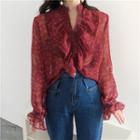 Bell-sleeve Floral Ruffled Blouse Red - One Size