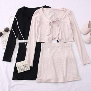 Set: Tube Top + Tie-neckline Light Cardigan + Mini Skirt