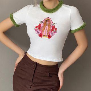 Patterned Fluffy Trim Short-sleeve Crop Top