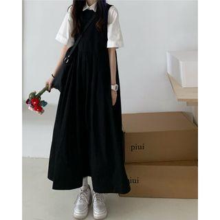 Short-sleeve Shirt / Tie-strap Midi A-line Overall Dress