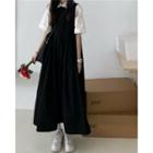 Short-sleeve Shirt / Tie-strap Midi A-line Overall Dress