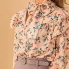 Tie-neck Wide-cuff Frilled Floral Top