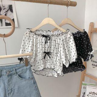 Flower Trim Heart Print Cropped Shirt Top