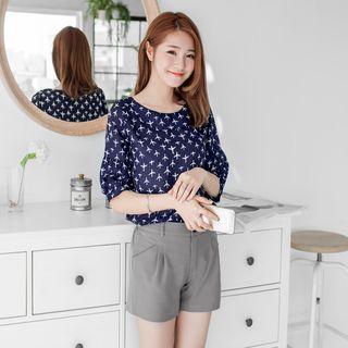 Airplane Print Elbow-sleeve Chiffon Blouse