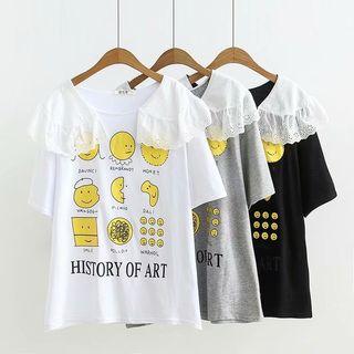 Elbow-sleeve Lace Trim Printed T-shirt