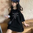 Lettering Cold Shoulder 3/4-sleeve T-shirt