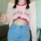 Set: Long-sleeve Lettering T-shirt + Camisole Top Set Of 2 - T-shirt & Camisole - Light Pink & Neon Pink - One Size
