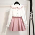Set: Frilled Peter Pan Collar Chiffon Blouse + Mini A-line Skirt