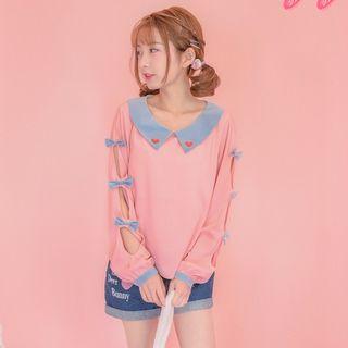 Bow Accent Cut Out Detail Collared Long Sleeve Top