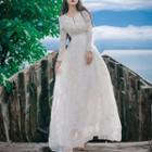3/4-sleeve Embroidered A-line Maxi Sun Dress