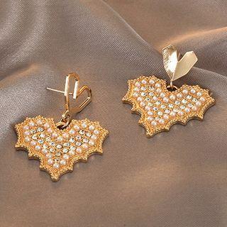 Rhinestone Faux Pearl Heart Dangle Earring 1 Pair - White & Gold - One Size