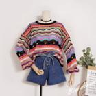 Long-sleeve Perforated Rainbow Striped Knit Top