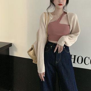 Asymmetrical Ribbed Camisole Top / Cardigan / Wide Leg Jeans