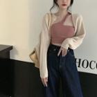 Asymmetrical Ribbed Camisole Top / Cardigan / Wide Leg Jeans