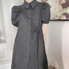 Puff-sleeve Bow-accent Check A-line Shirtdress