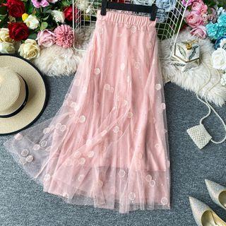 Dot Embroidered Midi A-line Mesh Skirt