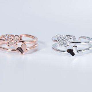 925 Sterling Silver Rhinestone Butterfly Layered Open Ring